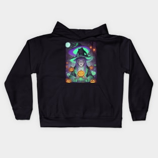 Halloween spooky cute black witch Kids Hoodie